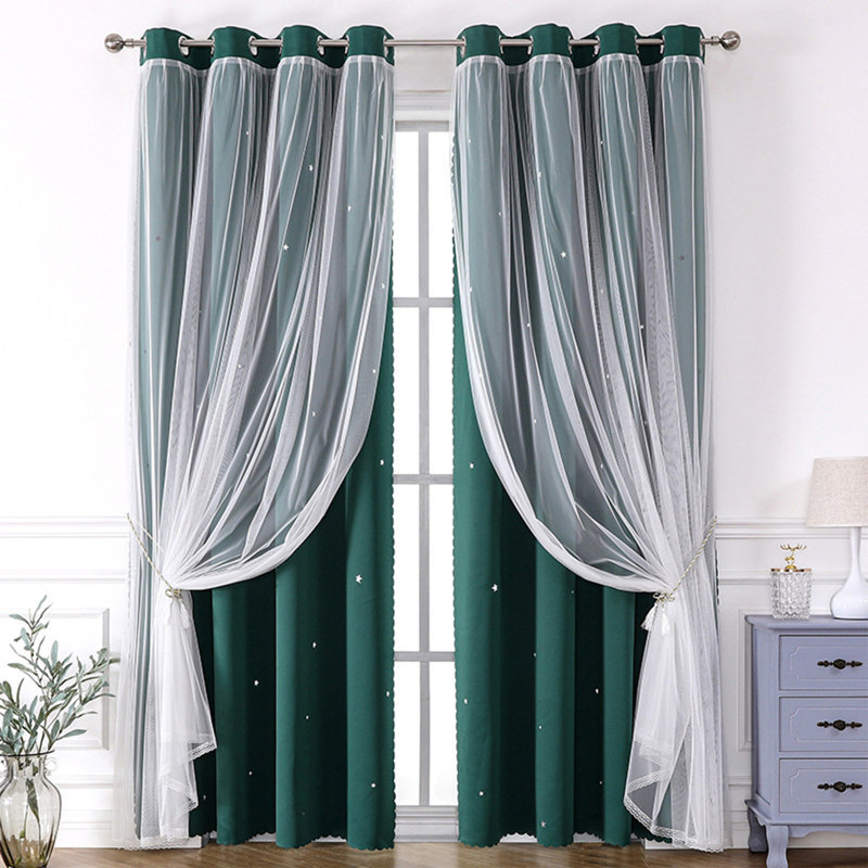 Kbndieu 84in Double Layer Star Lace Blackouts Curtains 2-in-1 Sheer Star Patterns with Blackouts Liner Thermal Insulated Curtains for Bedroom Living Room