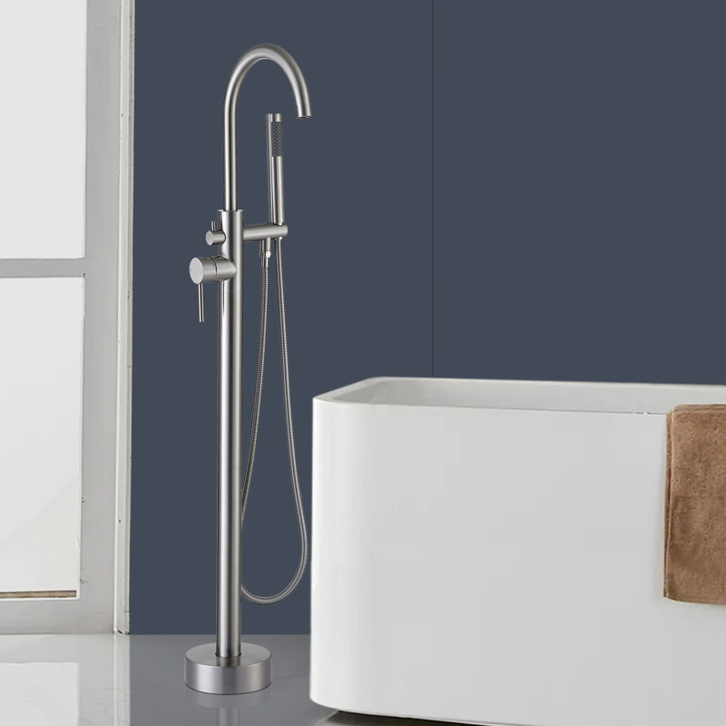 Double Handle Floor Mounted Tub Filler With Handshower, Brushed Nickel
