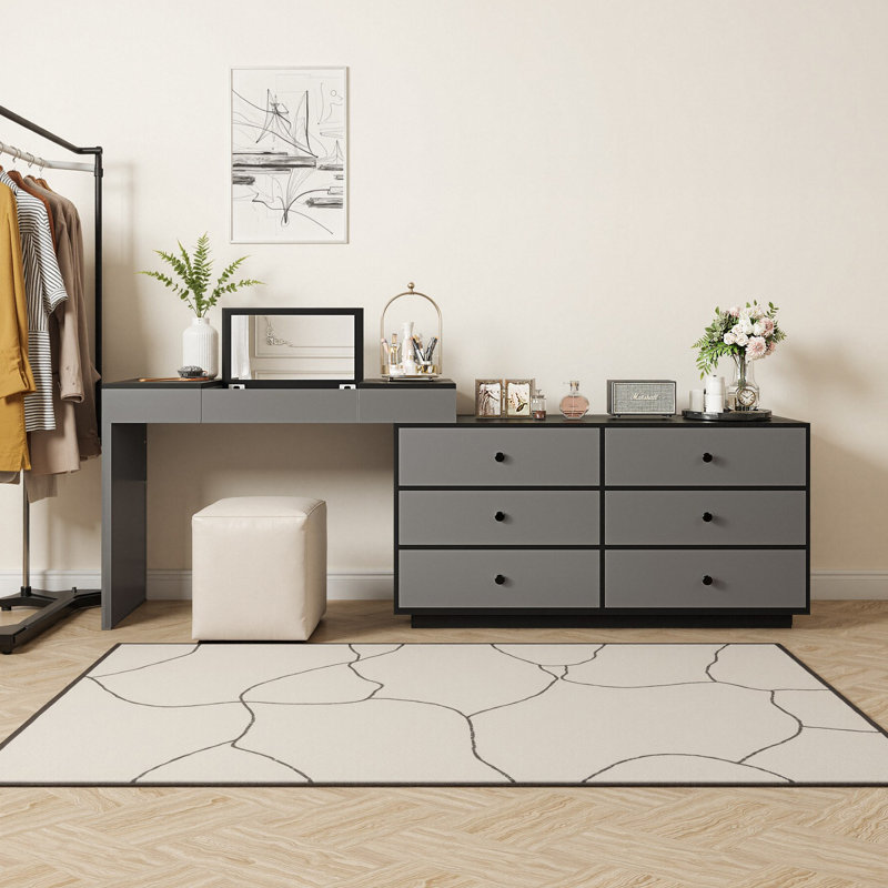 Extendable Vanity Desk Home & Office Convertible L-Shaped Wooden Desk Features A Flip-Up Makeup Mirror And 6 Storage Drawers, Including 2 Small Storage Drawers