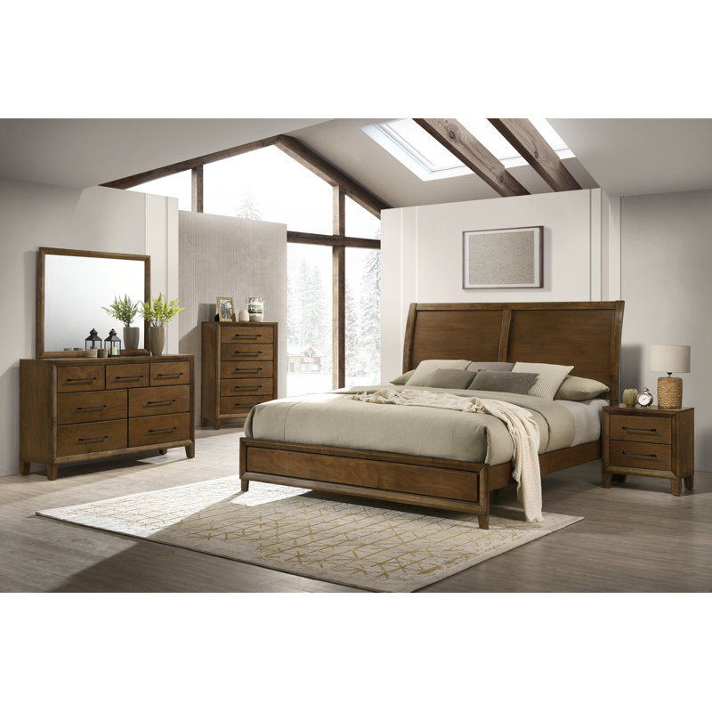 Ensemble de chambre avec très grand lit en bois 5 pièces Bangor, brun, Très grand