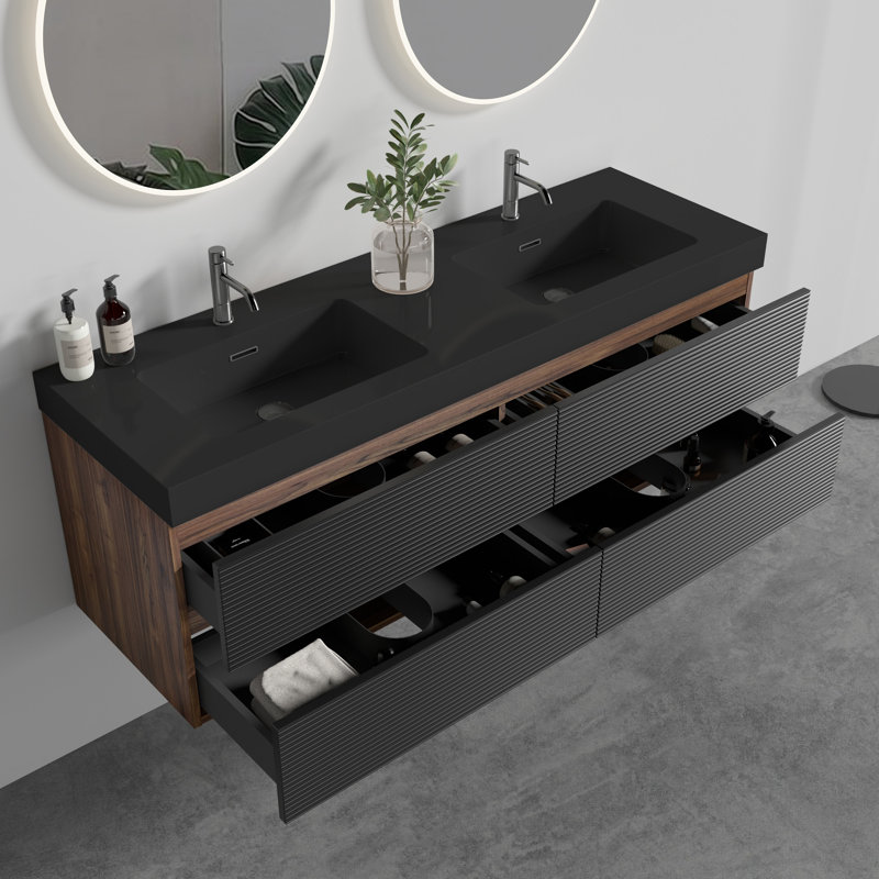 Meuble-lavabo de 60 po en noyer Grace avec lavabo en quartz noir mat et tiroirs noirs doux