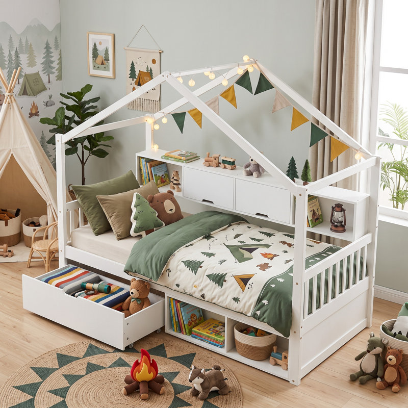 Kids Wooden Bed Frame, 3ft Single Bed 90x190cm, Pine Wood & Particle Board Bed with Safety Guardrail, Rolling Storage Drawer, Imitation Roof Shape & Storage Compartments, White