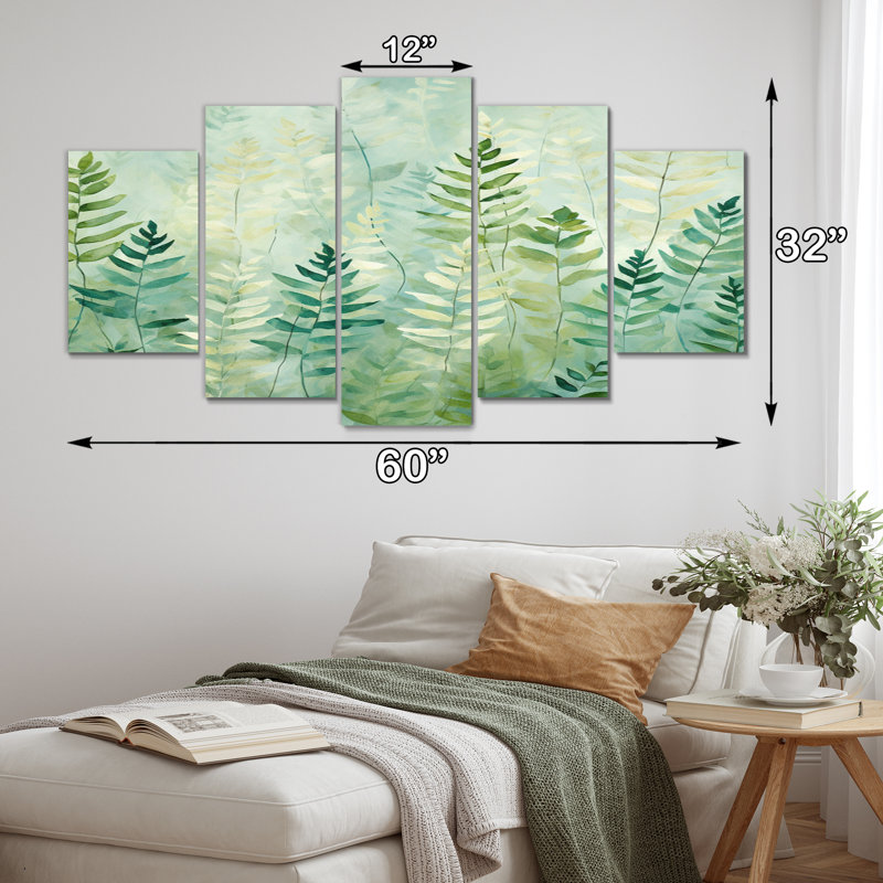 Vert et blanc Serene Ferns III - Abstract Botanicals Wall Art Living Room - 5 Panels