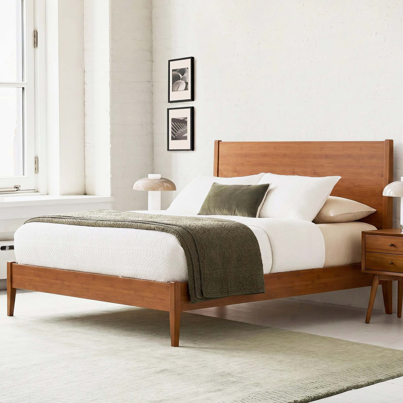 Structure de lit plateforme en bois de bambou massif de style Mid-Century avec lattes de bois et support en métal, lit sommier, assemblage facile