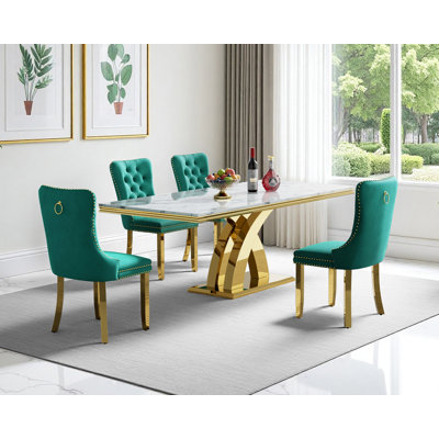 Modern 68.11" Faux Marble Dining Table Set , White Marble Dining Table with Velvet Dining Chairs, Dining Room Table and Chairs Set, Luxury Dining Table Set for Kitchen Dining