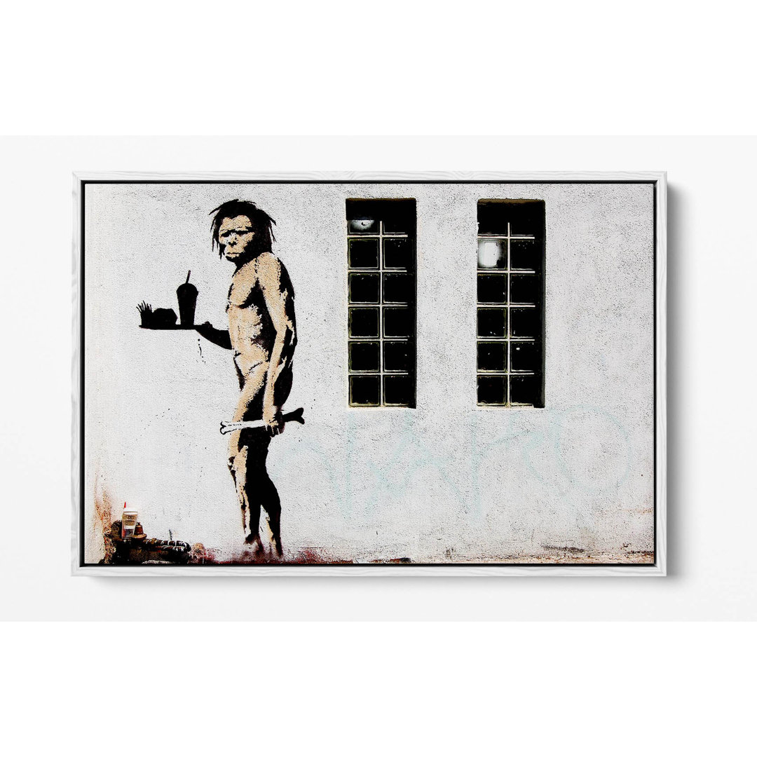 Banksy Fast Food Caveman Canvas Floater Frame Print Picture Art - White Frame