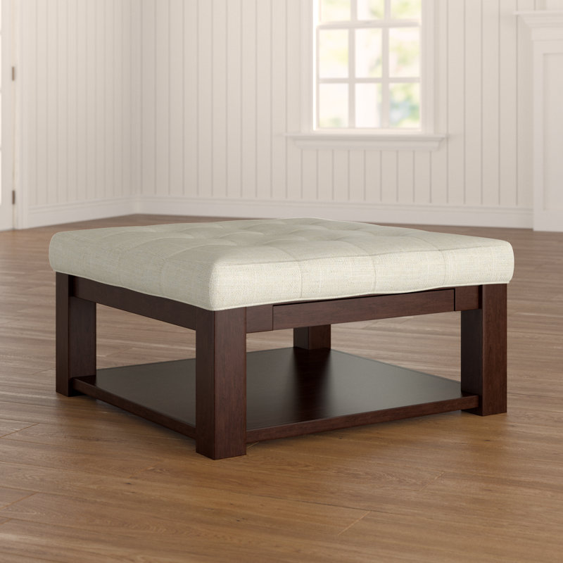 Arthuro Upholstered Ottoman, Heathered Beige Linen, Espresso