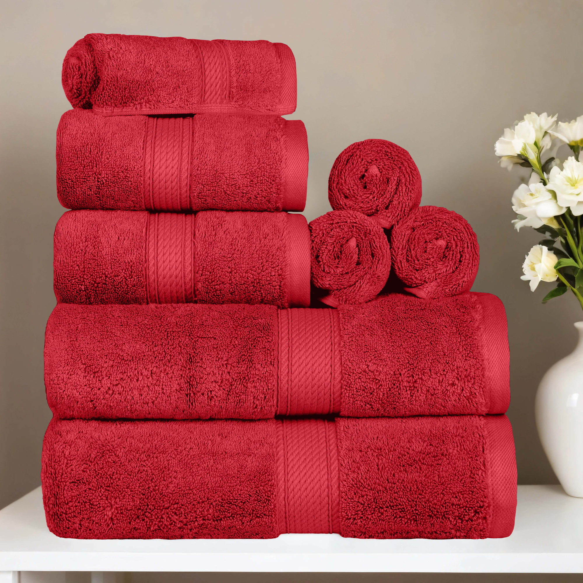 Renata 8 Piece 800 GSM Certified Egyptian Cotton Towel Set , Red