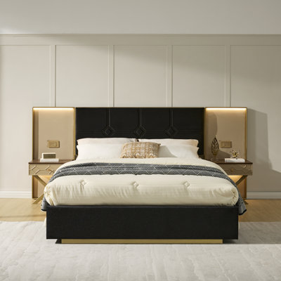 YDT Velvet Upholstered Platform Bed, Vertical Channel Tufted Wingback Headboard