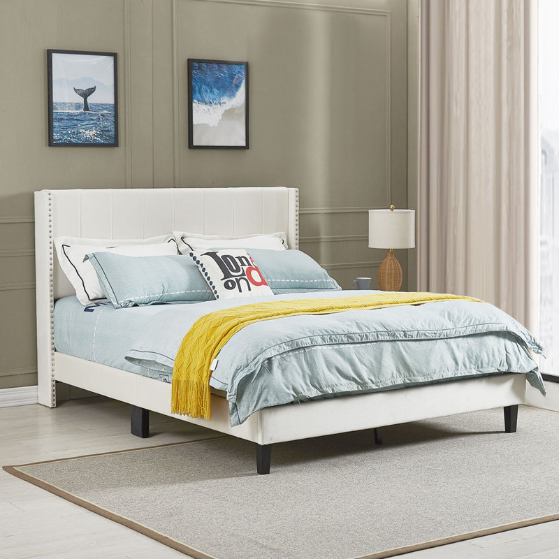 Lit plateforme tapissier Janaila, Double, Beige