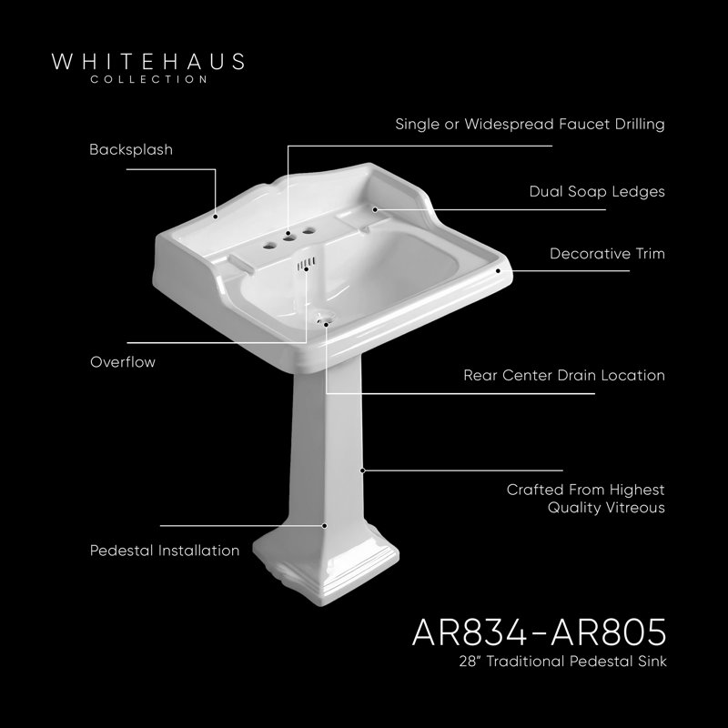 Isabella 26.5" Pedestal Vitreous China Bathroom Sink with Overflow, 8" Centers