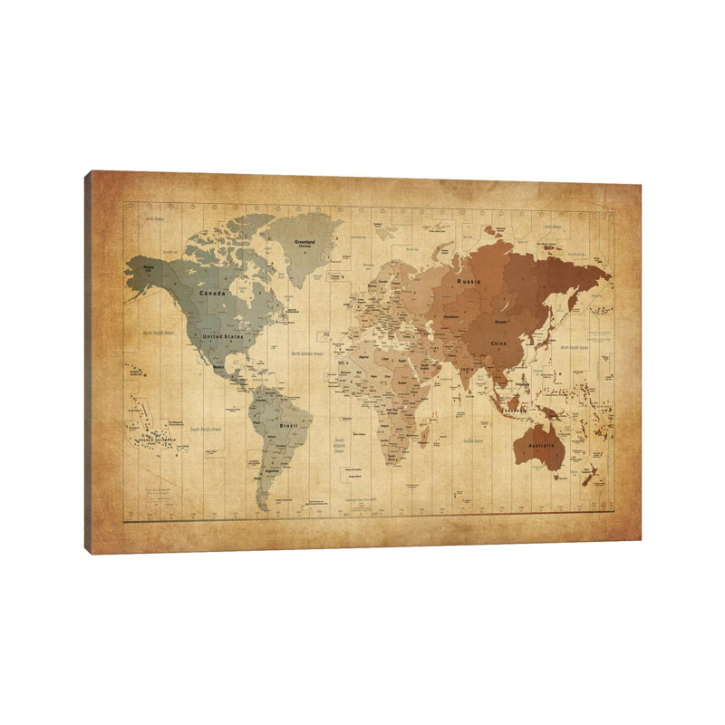 Map Of The World III by Michael Tompsett - Print on Canvas, Wrapped Canvas, 30.48 cm H x 45.72 cm W