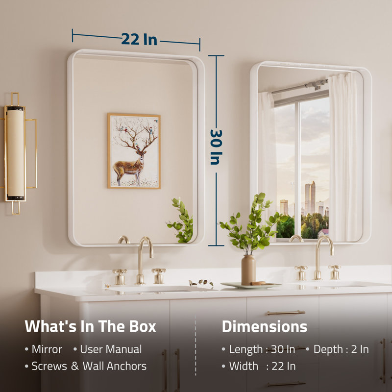 Miroir d'appoint Tyro, 30 po x 22 po, Blanc, Rectangulaire