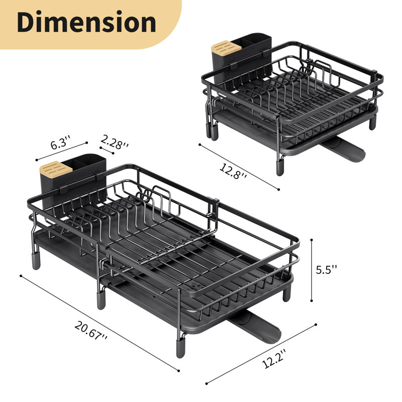 Dish Drainer Rack Kitchen - Adjustable Dish Rack, Foldable Dish Drying Rack with Removable Cutlery Holder Swivel Drainage Spout, Anti-Rust Plate Rack