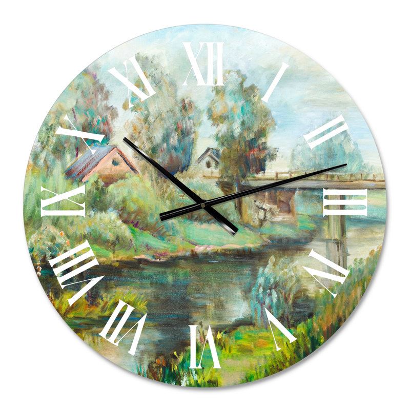 Pont sur la rivière dans un paysage rustique - horloge murale Lake House, Surdimensionné