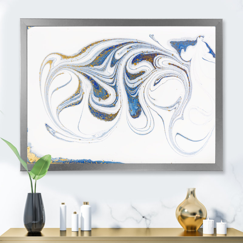 Blanc, bleu et rivières marbrées dorées - peinture sur toile, H 12 po x l 20 po, Cadre photo argenté