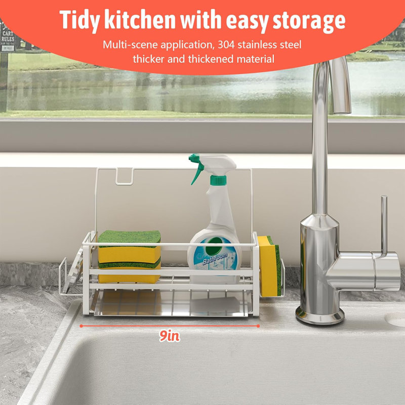 Porte-éponge en acier inoxydable pour évier de cuisine, organisateur de bac d'évier antirouille 304 avec drainage automatique, conception peu encombrante pour éponges, distributeur de savon, brosse et serviette (argent)