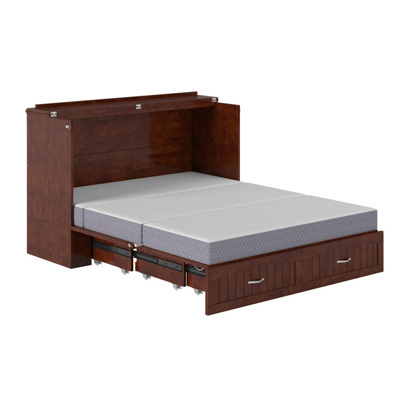 Fabiano Storage Murphy Bed with 6" Mattress, Storage and Built-in Charger, Walnut, Queen