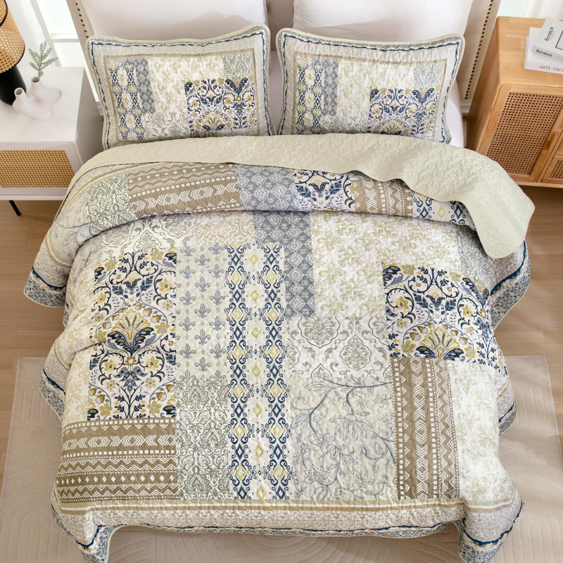 Ensemble de couvre-lit 3 pièces Boho, Courtepointe pour lit grand + deux taies décorati, Beige