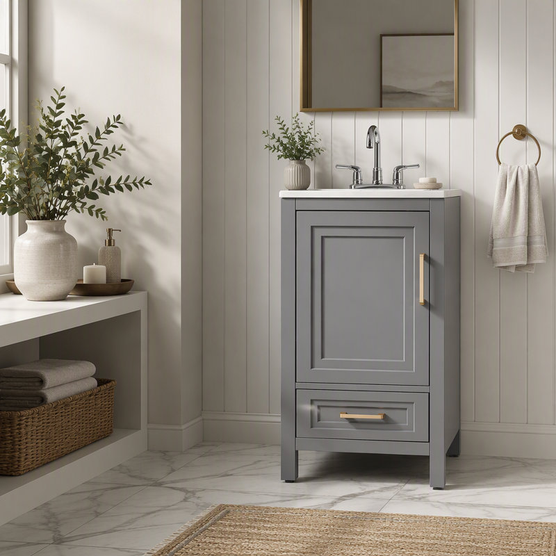 Meuble-lavabo simple autoportant de 18 po avec plateau en céramique entièrement assemblé, Grey