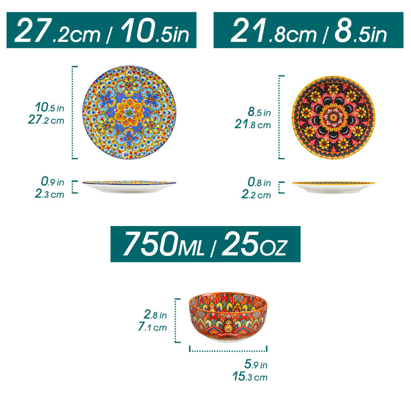 12 pièces pour 4, ensemble de vaisselle Boho imprimé sur deux côtés, 4 motifs éclatants à l'intérieur et à l'extérieur, assiettes et bols en céramique artistique