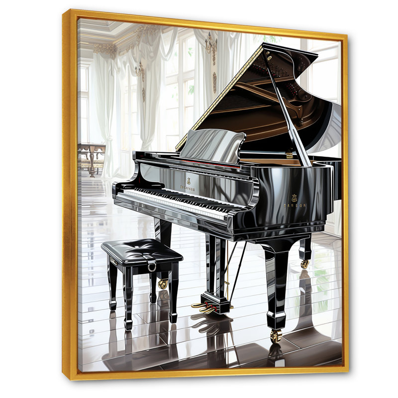 Midnight Black Piano Tranquility I - musique, art mural, H 32 po x l 24 po x P 1 po, Cadre flottant doré