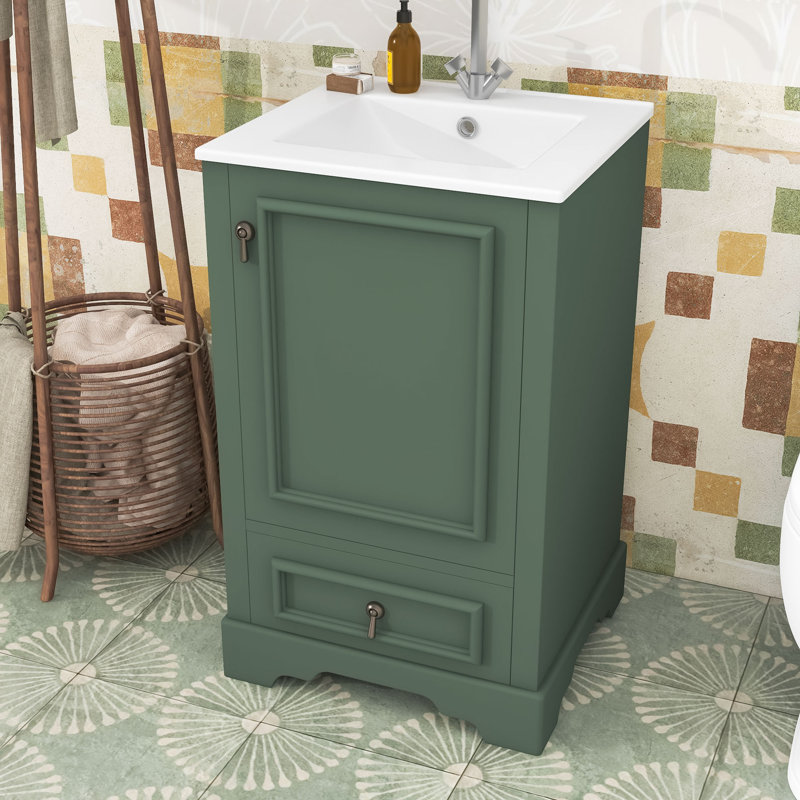 Meuble-lavabo moderne avec lavabo en céramique, tablette réglable en U et tiroir de rangement, Vert