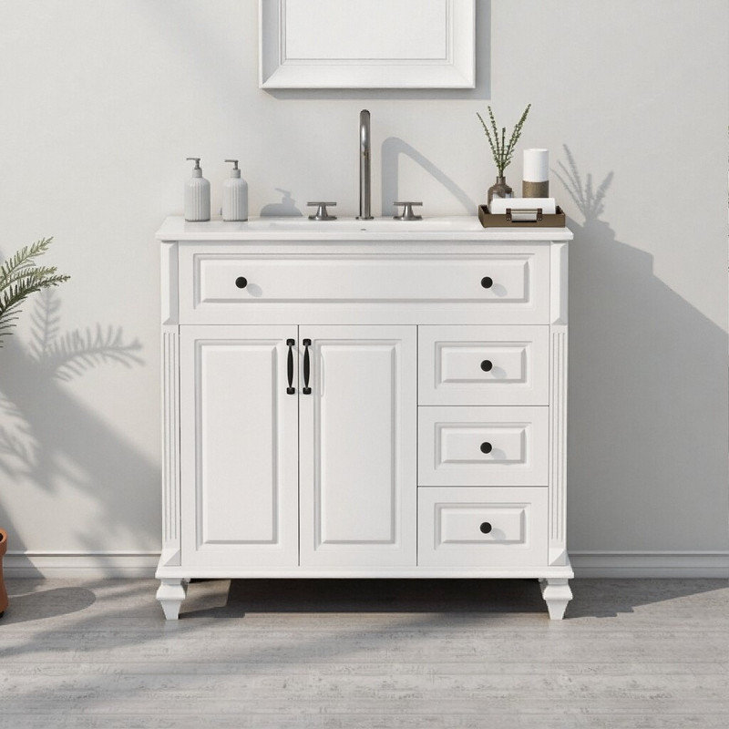Meuble-lavabo de 36 po en bois massif et panneau de fibres à densité moyenne avec lavabo, armoire autoportante avec portes et tiroir rabattable