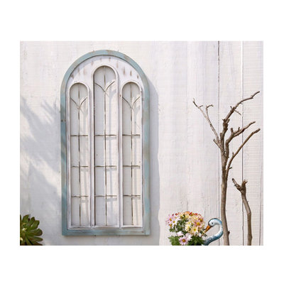 Retro distressed iron and wood faux window wall hanging