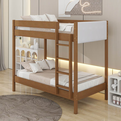 Lit superposé simple au-dessus de simple avec tête et pied de lit rembourrés Boucle, échelle, garde-corps de sécurité, lit superposé en bois d'hévéa