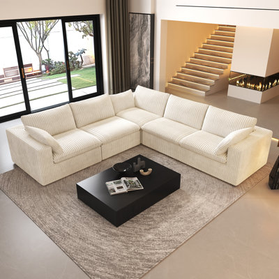 Boneless V-Shaped Modular Corner Sectional 5-Piece Plush Corduroy Sofa,118"W Cloud Couch,No Assembly Required Boneless Couch