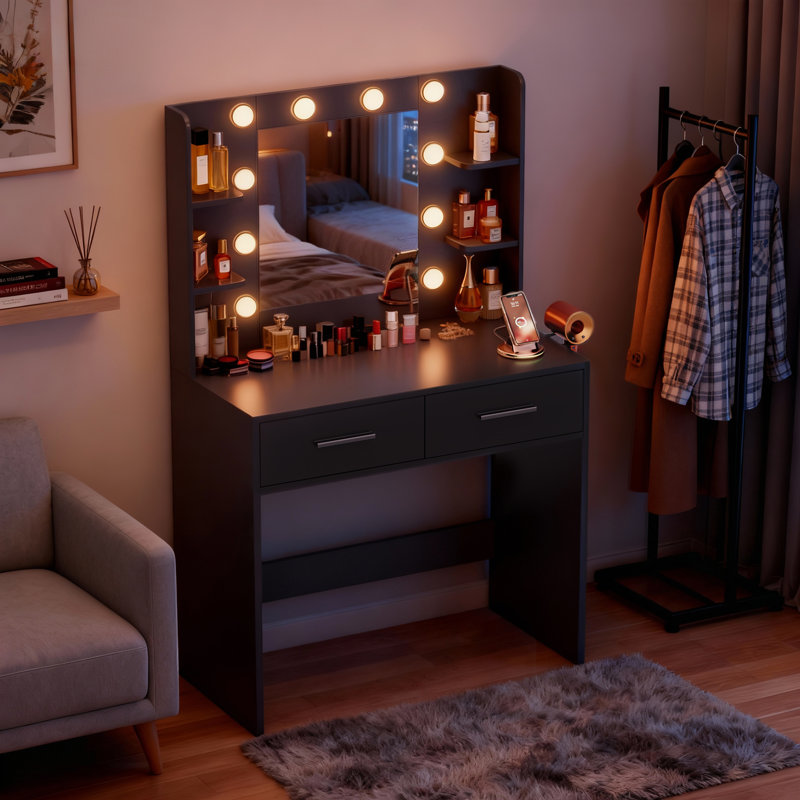 Ensemble de coiffeuse avec miroir lumineux et tabouret de coiffeuse, coiffeuse avec 2 tiroirs, bureau de coiffeuse pour chambre à coucher et vestiaire