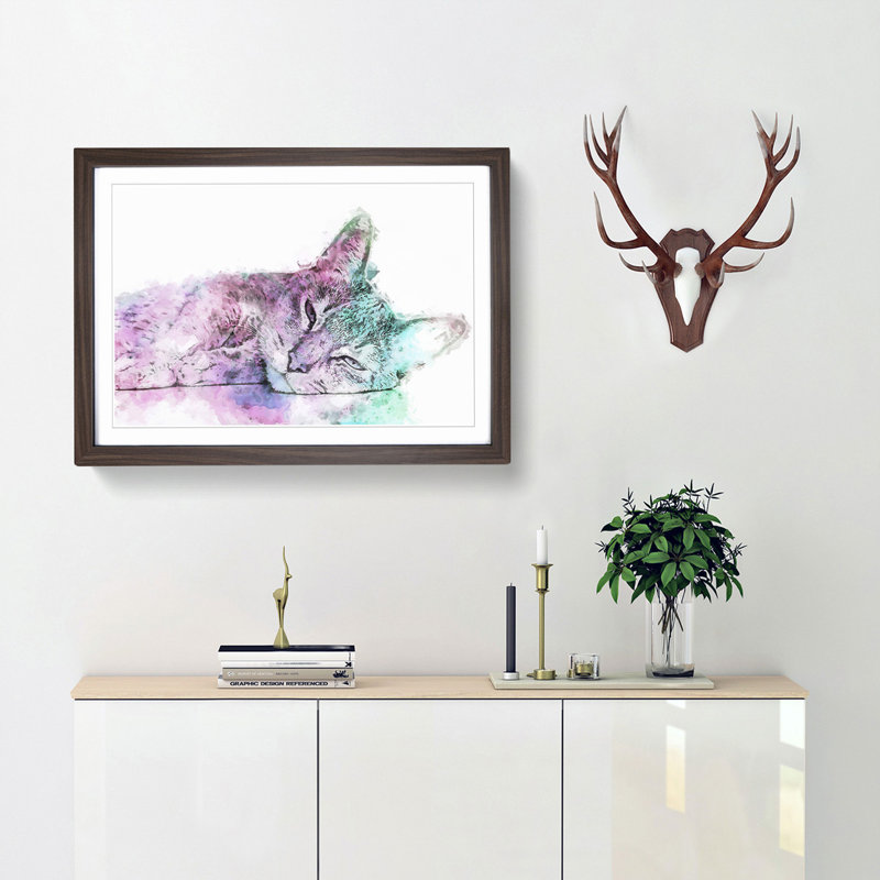 Colourful Abyssinian Cat in Abstract - Framed Print, 27cm H x 36cm W x 2cm D, Walnut Framed
