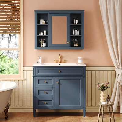 Meuble-lavabo avec armoire à pharmacie, armoire de rangement moderne avec 2 portes à fermeture douce et 4 tiroirs, meuble-lavabo simple