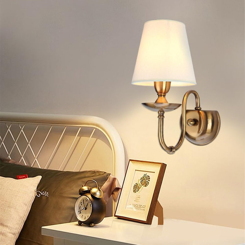 Vintage Wall Sconce With White Flax Fabric Shade, Polished Solid Brass Finish, 1-Light Reading Lamp For Bedroom, Hallway, And Living Room