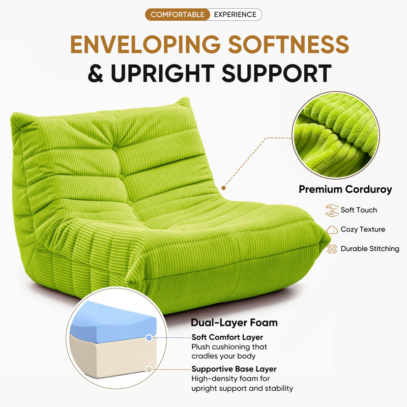 Fauteuil à billes sans accoudoirs Boneless Lazy, 35.4" x 37.8" x 27.5", Velours côtelé vert