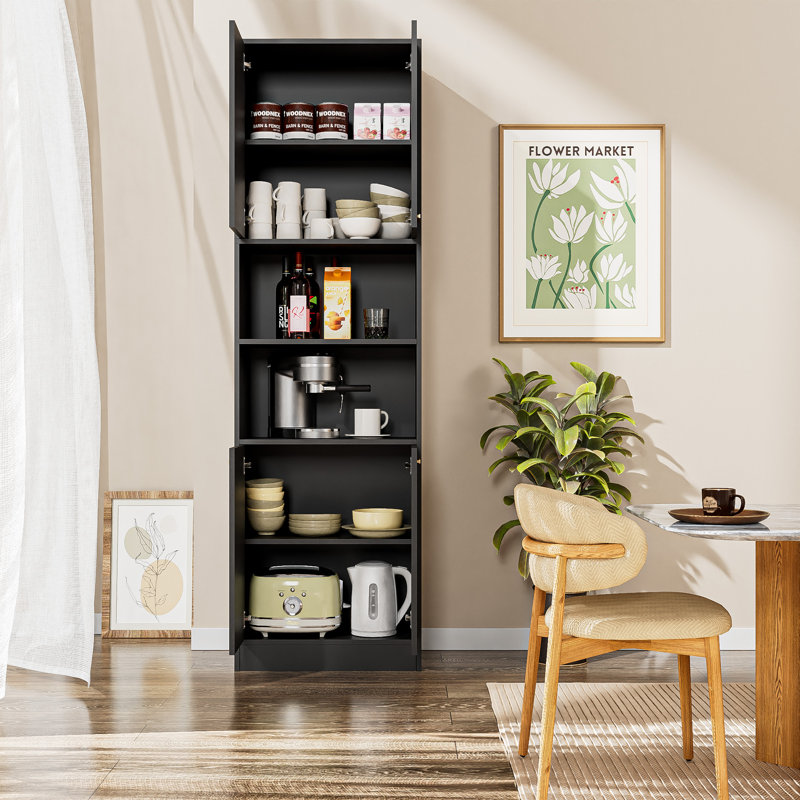 Schnur 75"H Kitchen Pantry Cabinet with Open Storage and Adjustable Shelves for Dining Room, Living Room, Laundry, Bathroom