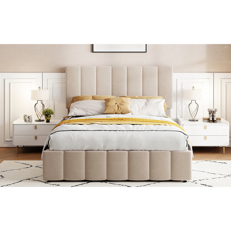 Upholstered Platform Bed In Beige With Ample Storage Space Dependable Hydraulic Option