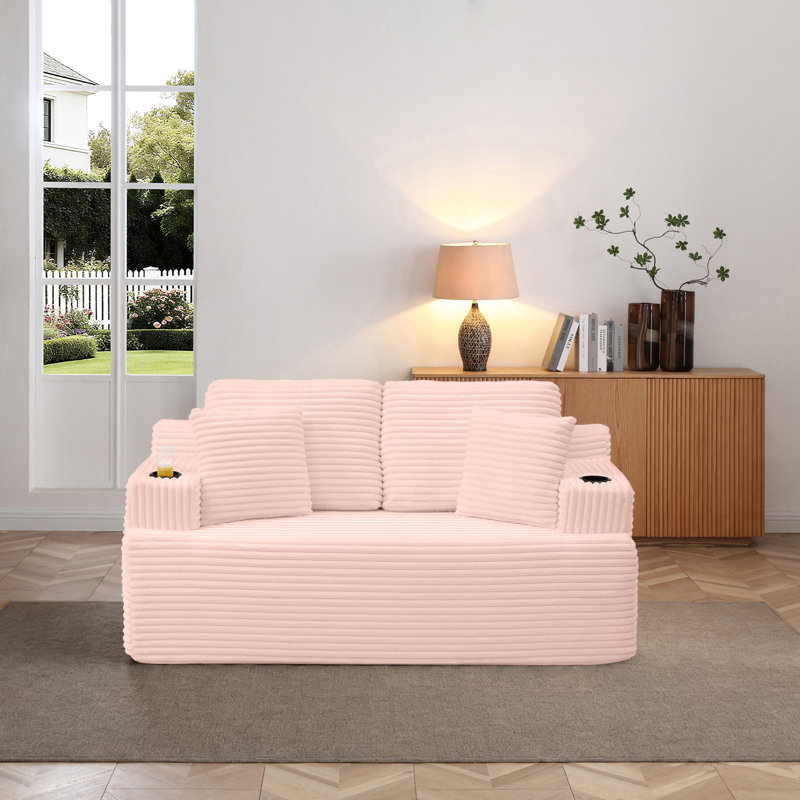 Canapé 66,5 po sans canapé avec 2 coussins supplémentaires, velours côtelé 2 places avec porte-gobelet et pochette latérale