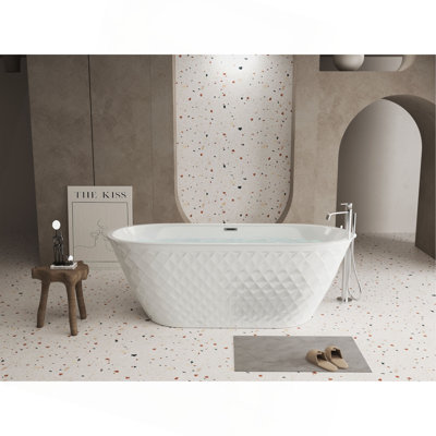 59'' Acrylic Freestanding Bathtub With Unique Diamond Pattern Design: Spacious Oval Shape,  Gloss White Finish, Chrome Overflow And Pop-Up Drain CUPC Certificate