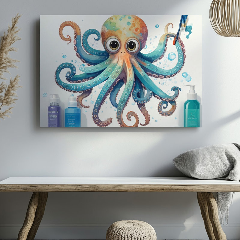 Toile, art mural Illustration ludique et colorée d'une pieuvre avec de grands yeux expressifs entourés de qualité supérieure prête à être accrochée
