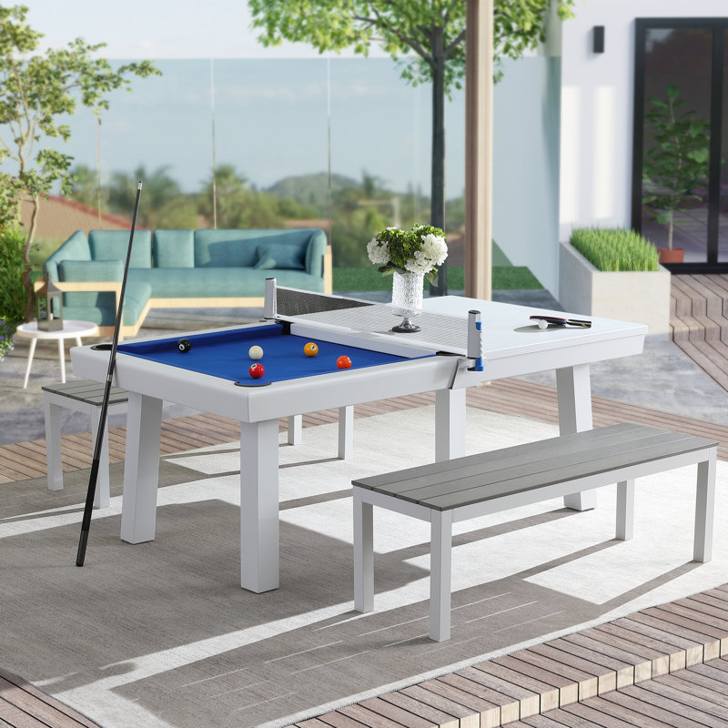 Table de salle à manger d'extérieur / d'intérieur en ardoise avec 2 bancs et accessoires Oasis, Bleu royal, 7 pi, Blanc