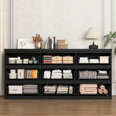 Commode 9 tiroirs sans poignée, bois mat moderne pour le rangement de la chambre à coucher et du salon