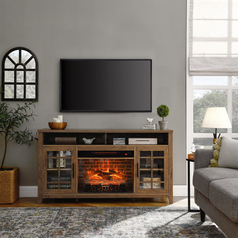 TV Media Stand With Electric Fireplace And Heater, For Cozy Entertainment Spaces, Reclaimed Barnwood