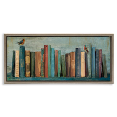 Books And Birds Bookshelf Painting Brown Grain Framed Floater Canvas Wall Art by Main Line Studio