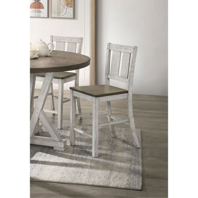 Table de salle à manger à hauteur de comptoir 5 pièces blanc antique / brun cendré, bois massif rustique avec lignes diagonales et chaises - Table