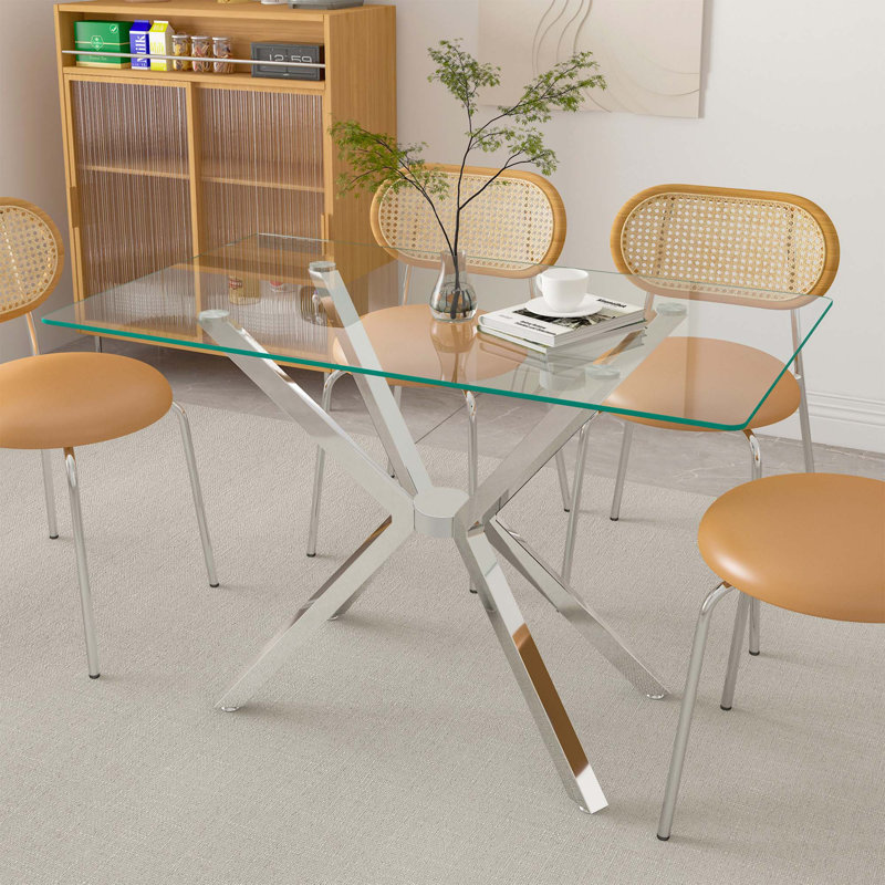47.24" Rectangular Clear Tempered Glass Dining Table, Silver