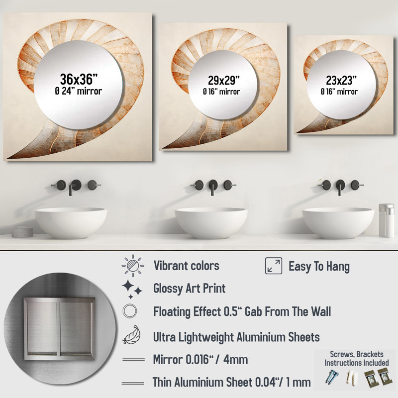 Leeni - Grand miroir carré Nautilus pour décoration murale, 23 po x 23 po
