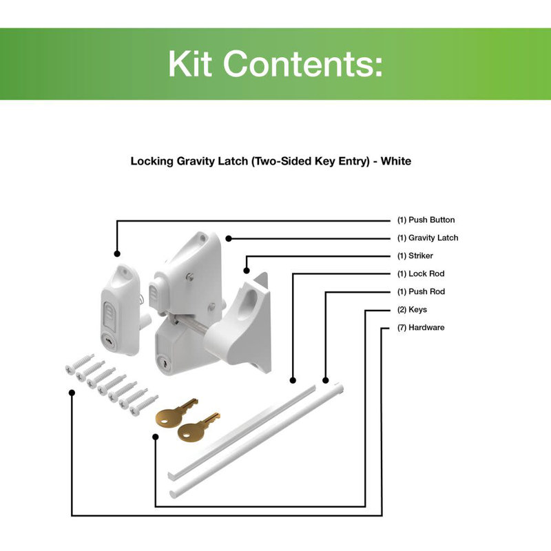 Locking Gravity Latch with Two-Sided Key Entry and Push Button, White