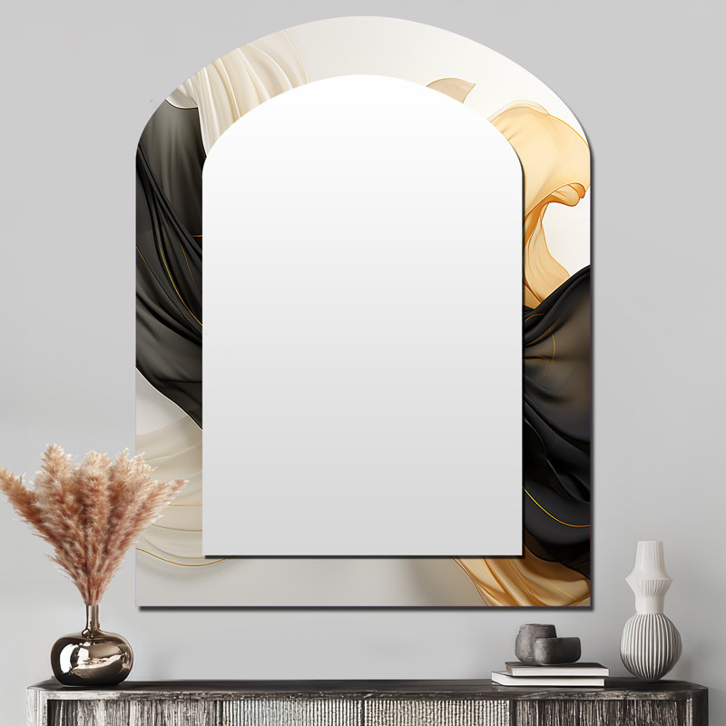 Gold And Black Soft Wave Fusion IV - Abstract Shapes Arch Decorative Wall Mirror, Modern Asymmetrical Mirror, Printed Metal Art